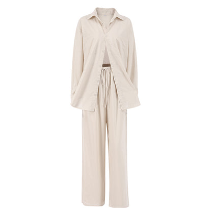 Conjunto de dos piezas de camisa y pantalón de algodón de manga larga para mujer, informal, de otoño e invierno