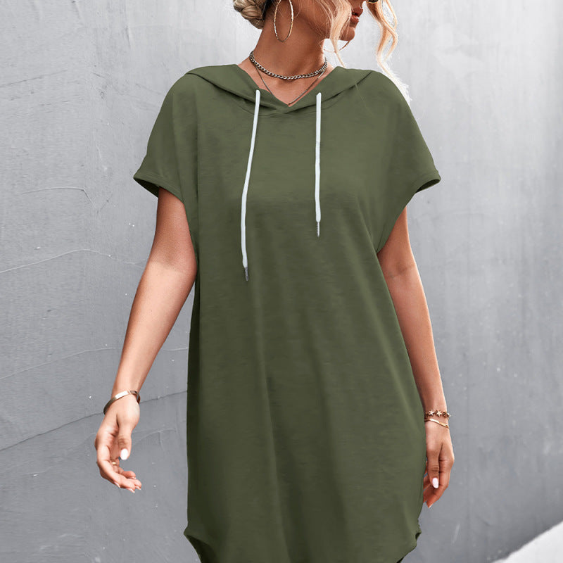 Summer Athleisure Women'S Casual Basic Hooded Solid Color Short Sleeve Dress