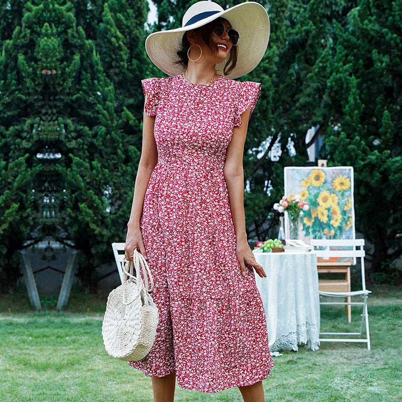 Women Casual floral Printing Round Neck Ruffled Dress