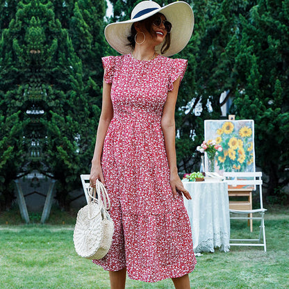 Women Casual floral Printing Round Neck Ruffled Dress