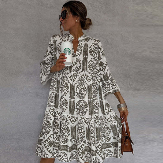 Bohemian Women Casual Print Sleeve Shirt Dress