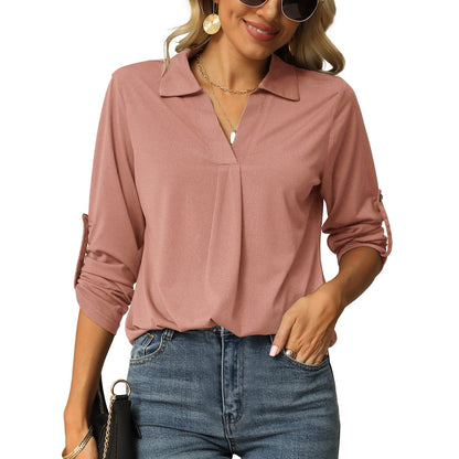 Blusa informal de manga larga con cuello en V y color liso para mujer