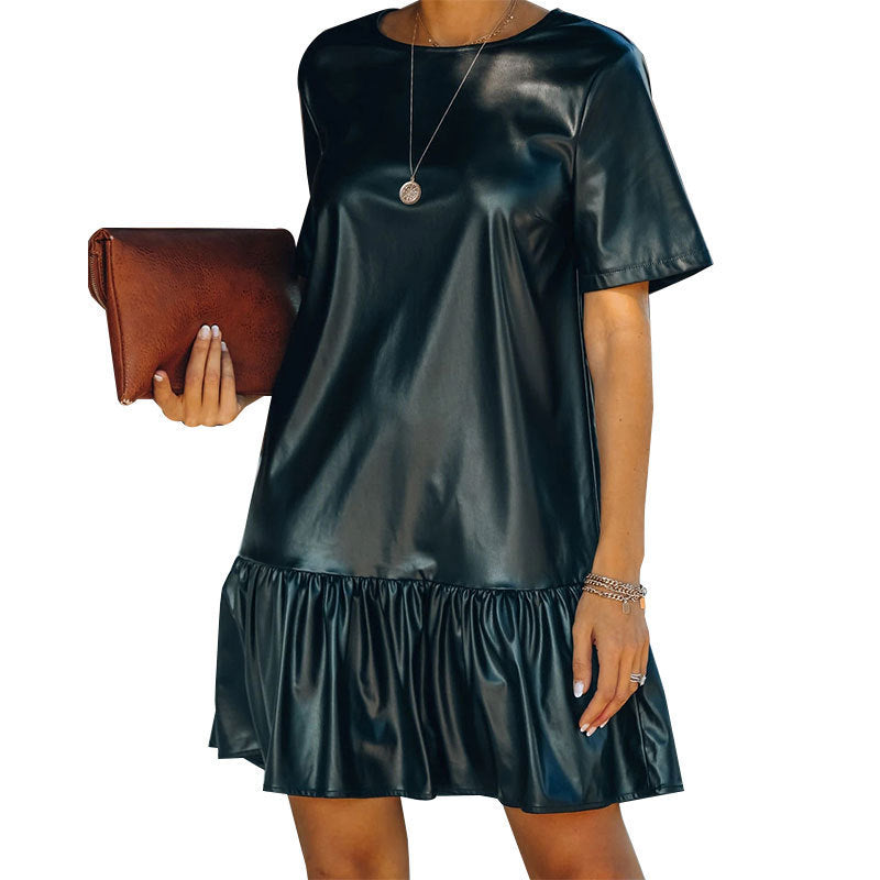 Spring Ruffle Loose Patent Leather Casual Women Solid Pu Dress