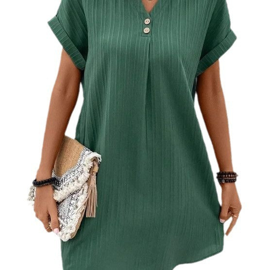 Vestido informal de oficina para mujer, elegante, de color liso, con cuello en V, cómodo, de manga corta y botones