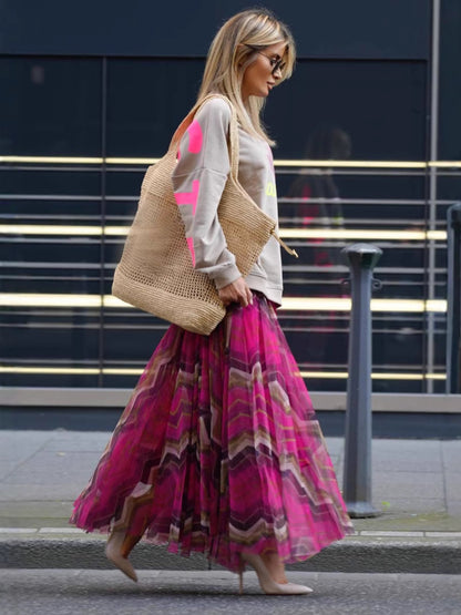 Women Fashion Casual Geometric Printed Mesh Skirt