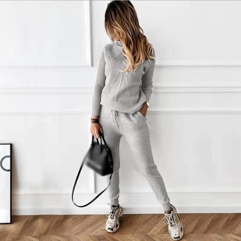 Conjunto de suéter y pantalón de punto de color liso para mujer, informal, de invierno