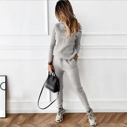 Conjunto de suéter y pantalón de punto de color liso para mujer, informal, de invierno