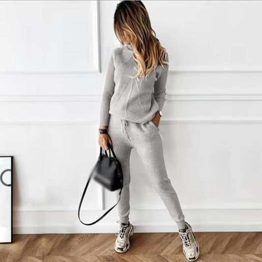 Casual Winter Women Solid Color Knitted Sweater And Pants Set