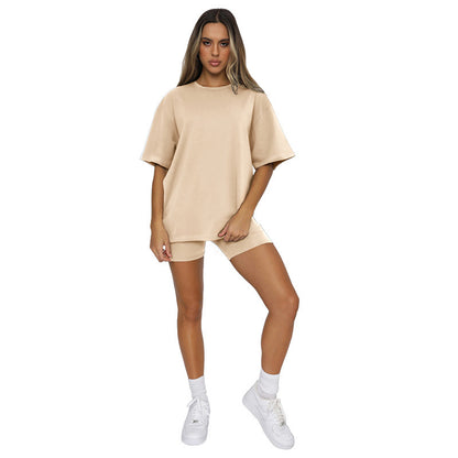 Women Athleisure Solid Color Short Sleeve Round Neck Top And Casual Shorts two pieces Suit