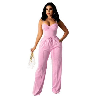 Conjunto de camiseta y pantalón recto de verano para mujer, informal, de color liso