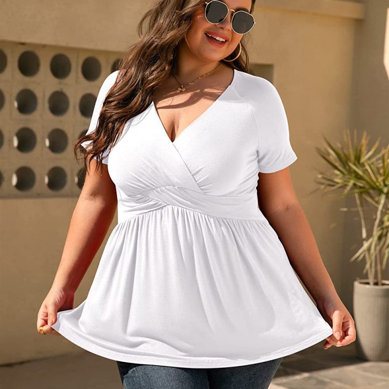 Women Fashion Casual Solid Color V-Neck Short Sleeve Plus Size Top