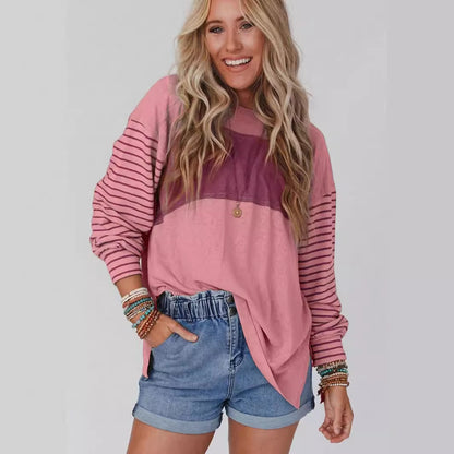 Camiseta informal de verano con estampado de rayas y cuello redondo y manga larga para mujer