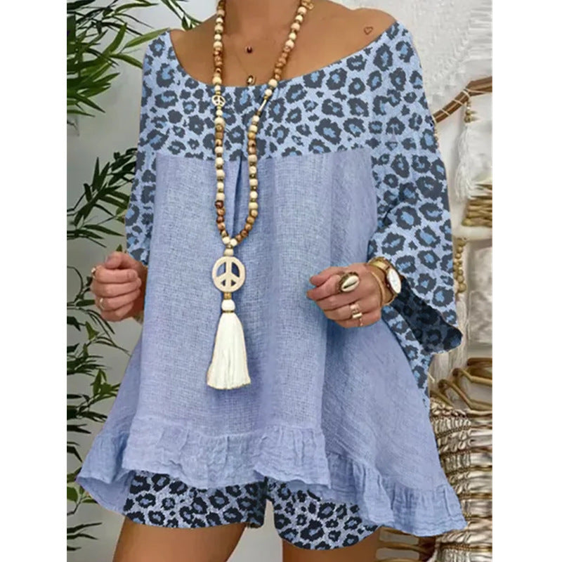 Conjunto de dos piezas con top y pantalones cortos con estampado de leopardo para mujer