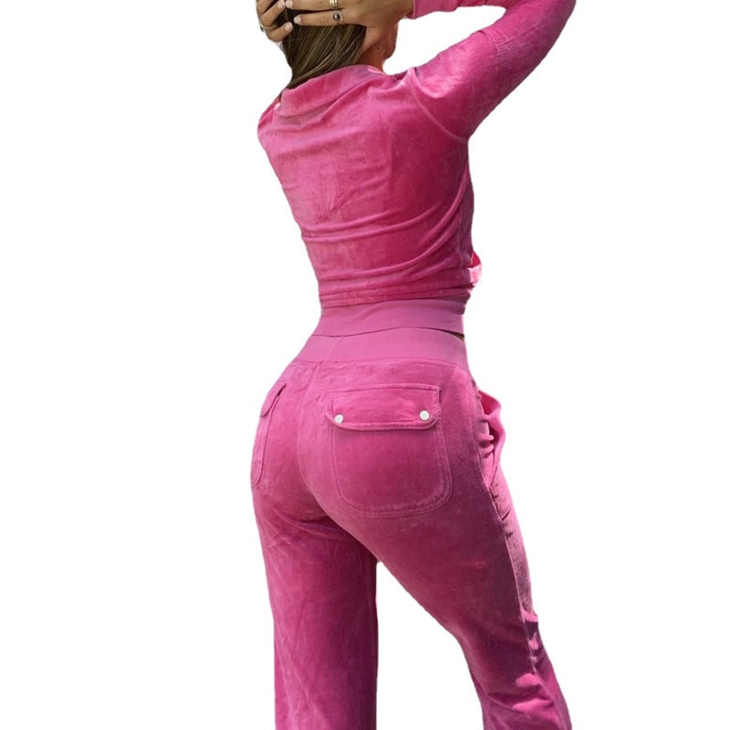 Conjunto de dos piezas de pantalón informal de manga larga con capucha y terciopelo dorado para mujer