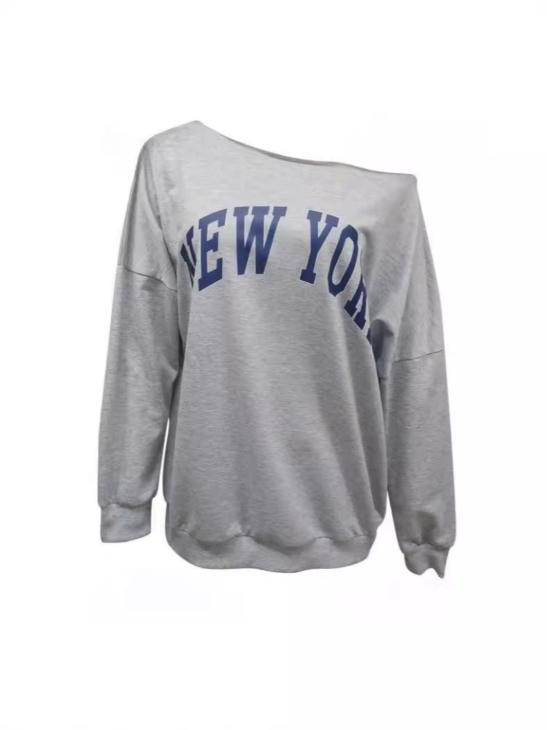 Sudadera informal holgada con estampado de letras y hombros descubiertos para mujer