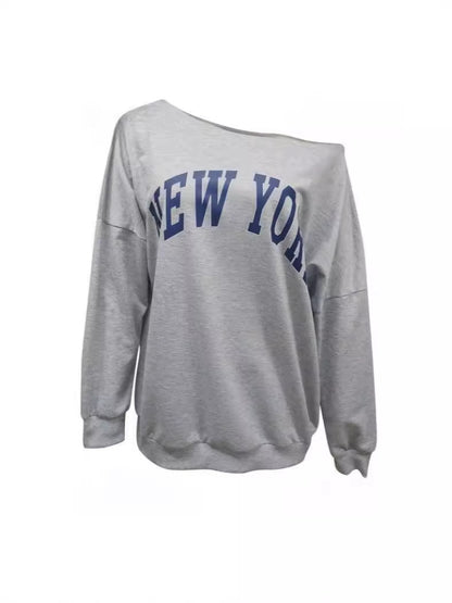 Sudadera informal holgada con estampado de letras y hombros descubiertos para mujer