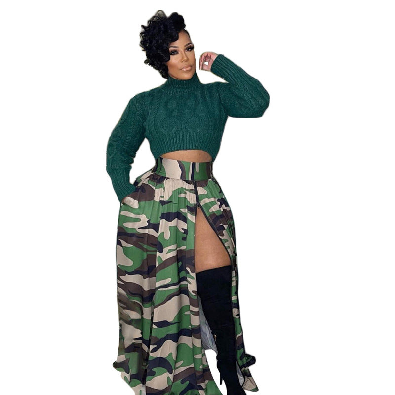 Fashion Women Casual Camouflage Print Zipper Slit Elastic Waist Skirt