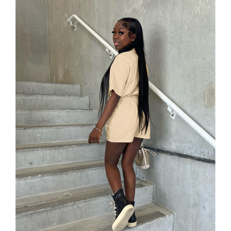 Women Summer Casual Style Single Breasted Buckle Pocket Short Sleeve Solid Cargo Rompers