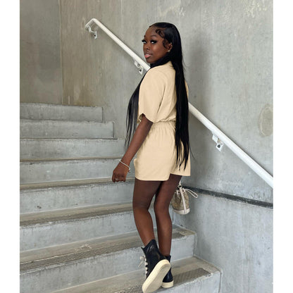 Women Summer Casual Style Single Breasted Buckle Pocket Short Sleeve Solid Cargo Rompers