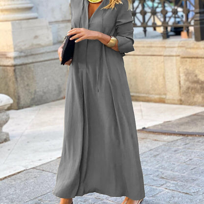 Vestido largo informal de manga larga con solapa y color liso para mujer