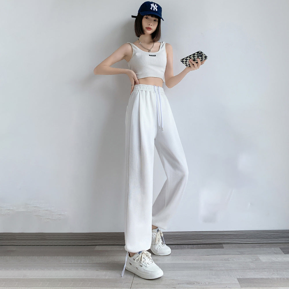 Women Casual Solid Color High Waist Drawstring Sports Pants