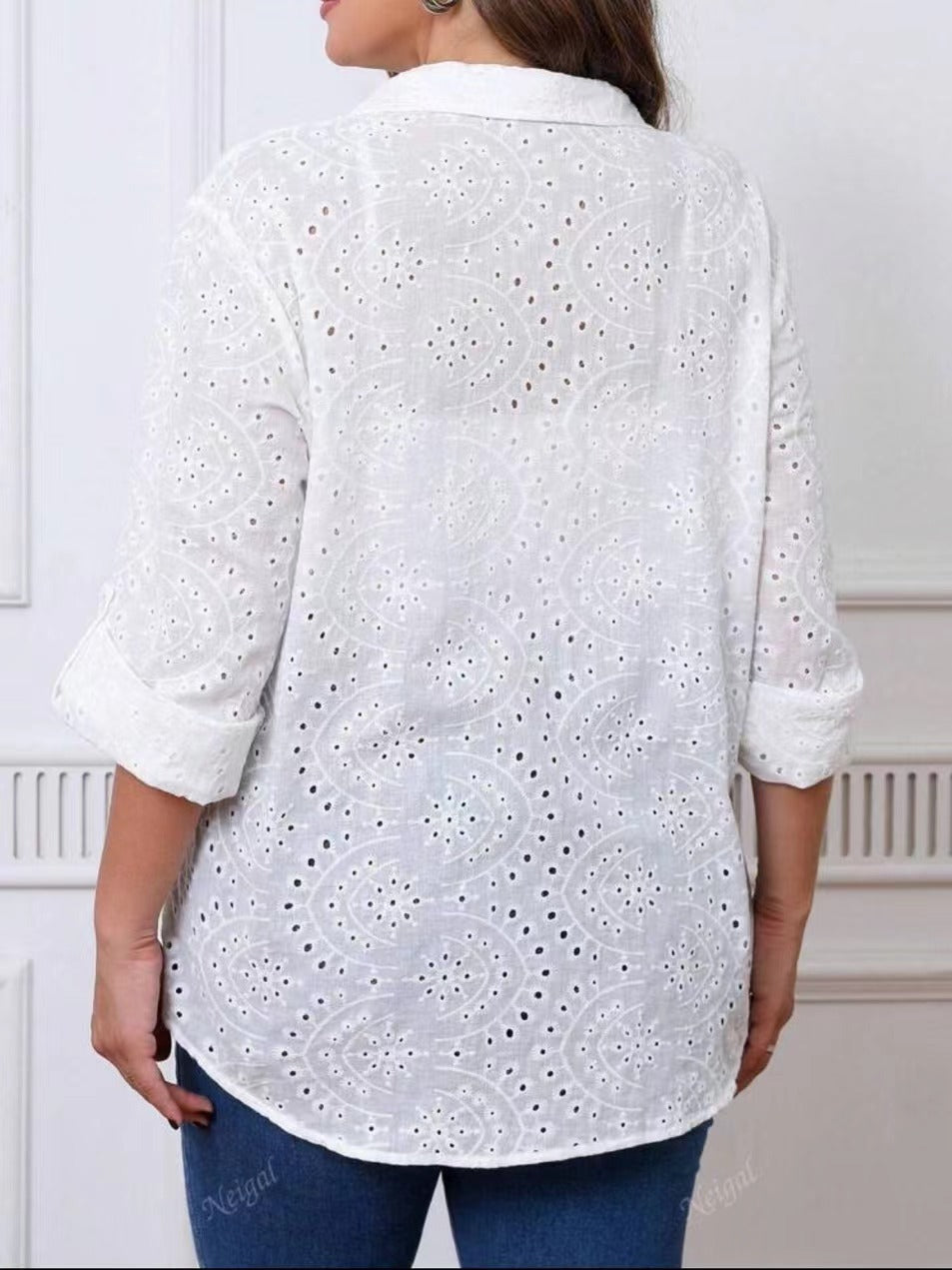 Blusa informal de moda para mujer, color liso, con bordado y solapa hueca, talla grande