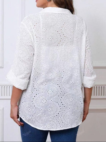 Blusa informal de moda para mujer, color liso, con bordado y solapa hueca, talla grande