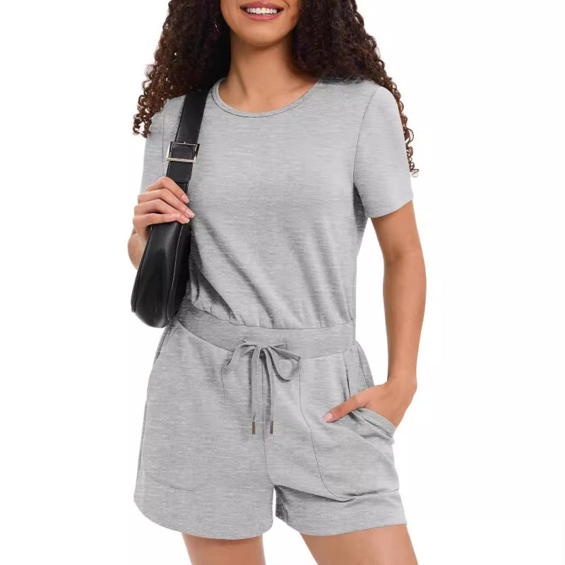 Women Casual Summer Short-Sleeved Loose Round Neck Solid Color Basic Rompers