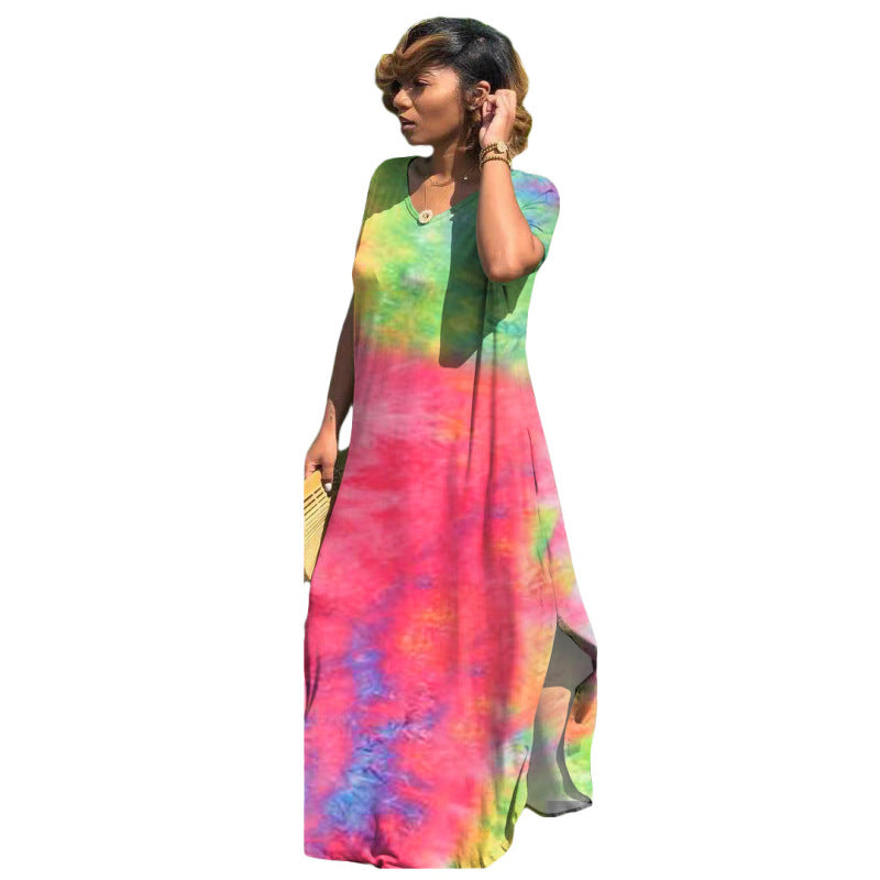 Women Casual Short Sleeves Tie Dye Fashion V Neck Loose Side-slit Maxi Dress