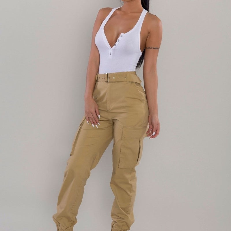 Women Fashion Casual Solid Color Cargo Pants