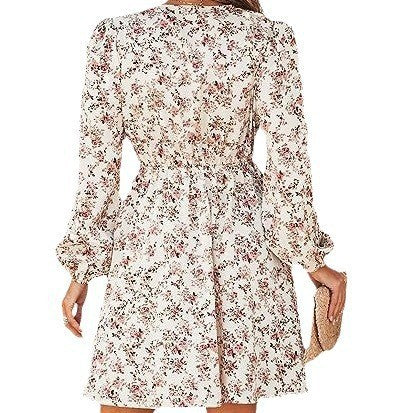 Women Fall Winter Casual V-Neck Floral Printed Loose Long Sleeve Dress