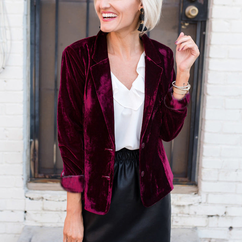 Autumn Women Fashion Casual Slim Long Sleeve Gold Velvet Suit Jacket Blazers