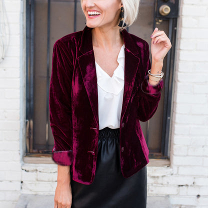 Autumn Women Fashion Casual Slim Long Sleeve Gold Velvet Suit Jacket Blazers