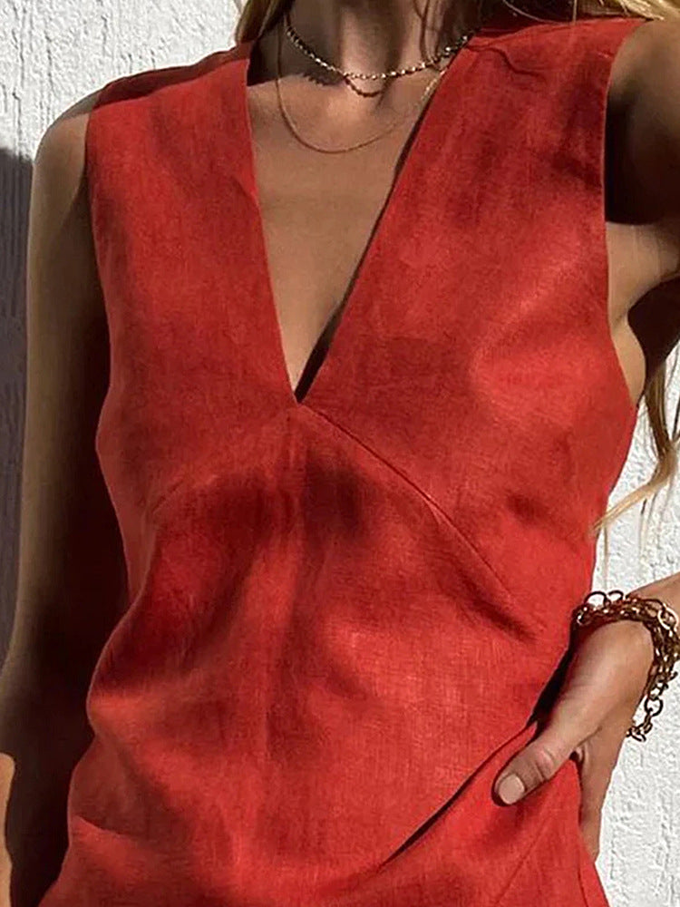 Summer Women Casual Solid Color V-Neck Cotton Linen Sleeveless Dress