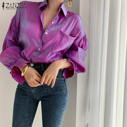 Blusa informal de manga larga abullonada con solapa elegante de color liso a la moda para mujer