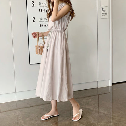 Women Fashion Minimalist Casual Solid Color Round Neck Short-Sleeve Drawstring Dress