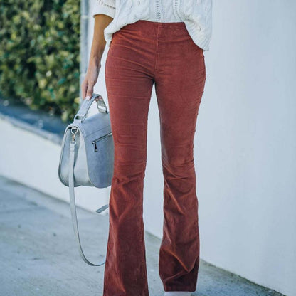 Women Solid Color High Waist Slim Fit Micro-Flare Elastic Waist Casual Pants