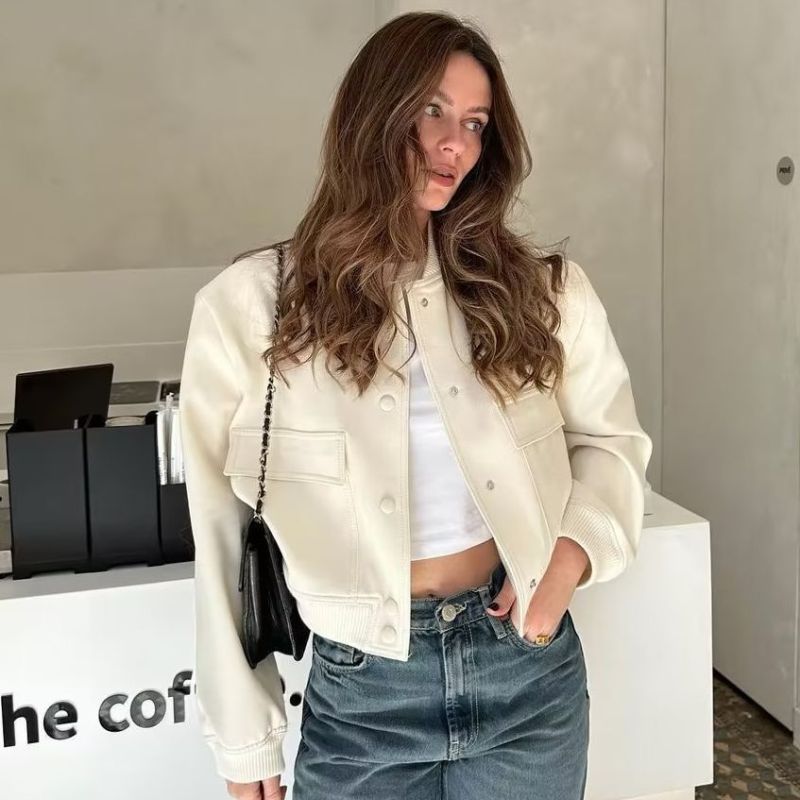 Chaqueta de manga larga con bolsillos grandes y cuello informal para mujer, moda de primavera y otoño