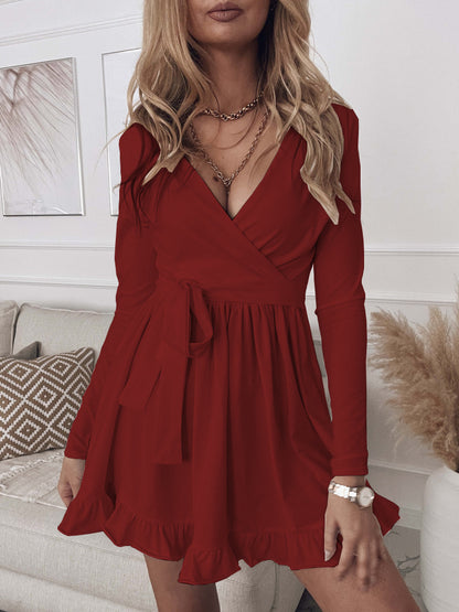 Women Casual Solid Color Sash Tie V-Neck Long-Sleeved Ruffled Wrap Dress
