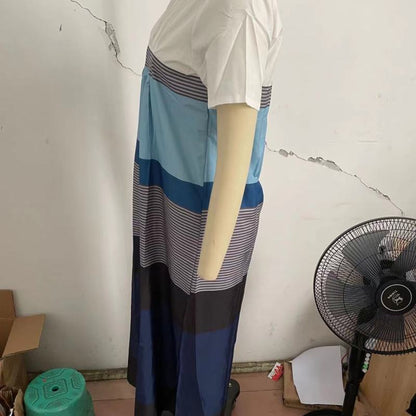 Vestido midi holgado informal de manga corta con cuello redondo y bloques de color para mujer