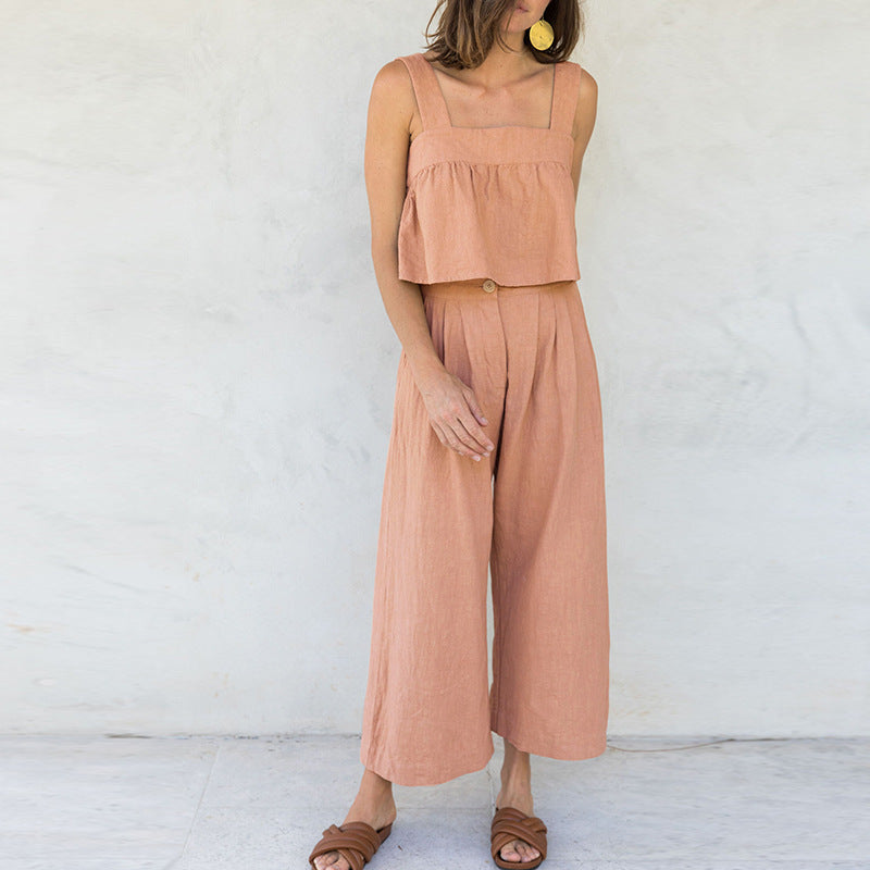 Conjunto de dos piezas de top con tirantes y pantalones anchos con diseño de botones para mujer