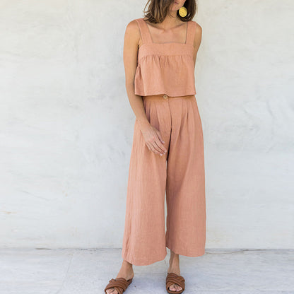 Conjunto de dos piezas de top con tirantes y pantalones anchos con diseño de botones para mujer
