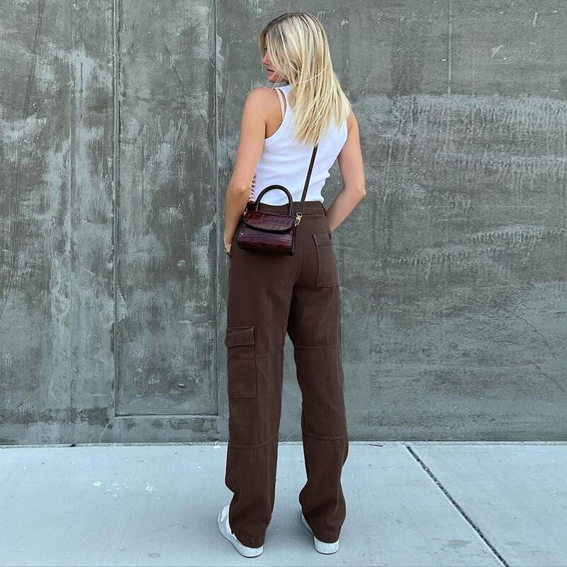 Pantalones vaqueros cargo de mezclilla de color sólido con cintura alta y bolsillos casuales para mujer