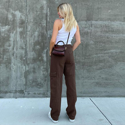 Pantalones vaqueros cargo de mezclilla de color sólido con cintura alta y bolsillos casuales para mujer