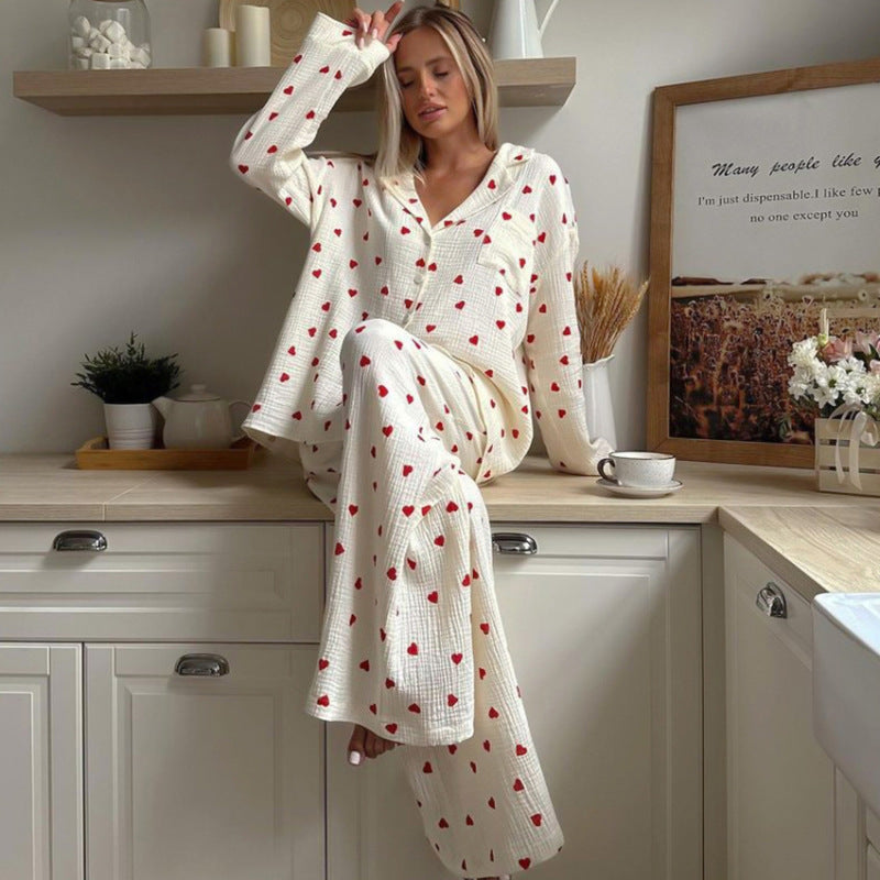 Conjunto de pijama informal de manga larga con estampado de corazones para mujer