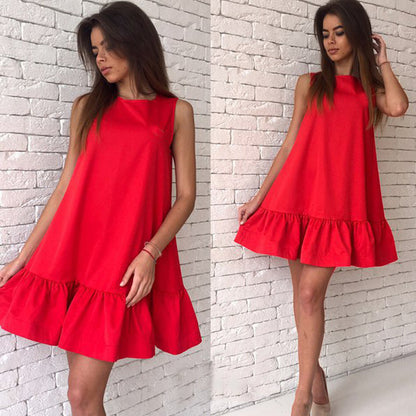 Summer Women Casual Solid Color Beach Party Ruffled Sleeveless Fashion Mini Dress
