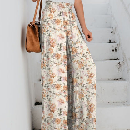 Pantalones anchos con cintura elástica y estampado floral informal para mujer