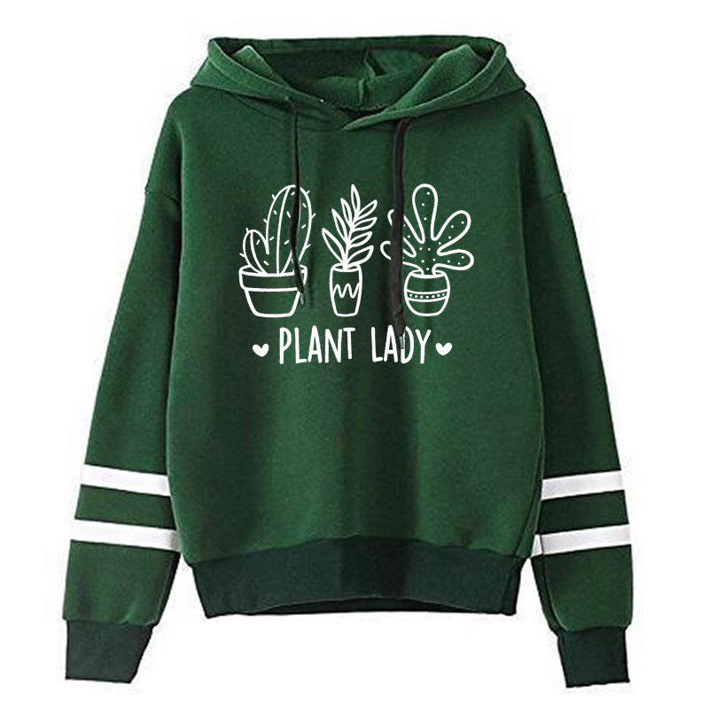 Sudadera con capucha holgada informal con estampado de cactus y barras paralelas para mujer
