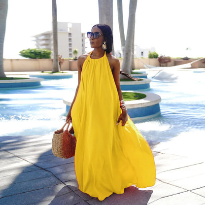 Women Fashion Casual Sleeveless Halter Neck Backless Solid Color Loose Dress