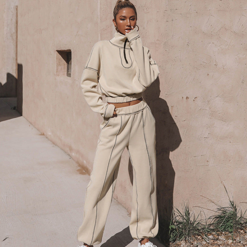 Women Solid Color Stand Collar Zip Long Sleeve Top And Pants Casual Sports Two Piece Set